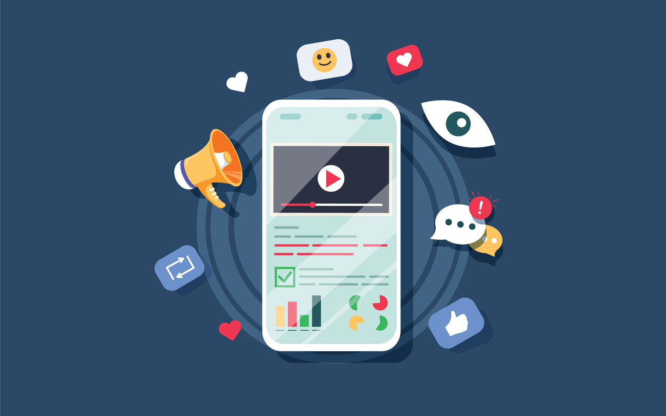 Video on mobile screen, video sharing and marketing flat vector concept with icons